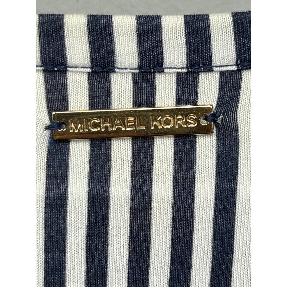 Michael Kors Top Womens Small Blue White Striped Peplum Long Sleeve Crew Neck